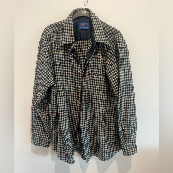 Pendleton Shirt Checkered Long Sleeve 100% Wool Flannel Beige/Green Mens L - Picture 1 of 4